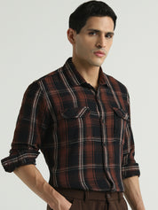 Men Rust Brown Double Pocket Checked Casual Shirt