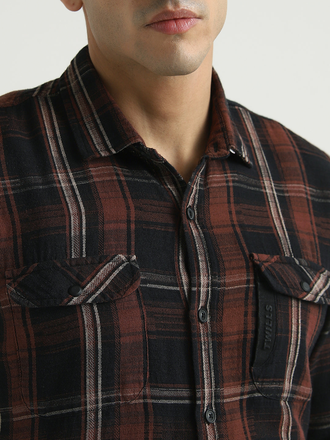 Men Rust Brown Double Pocket Checked Casual Shirt