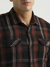 Men Rust Brown Double Pocket Checked Casual Shirt