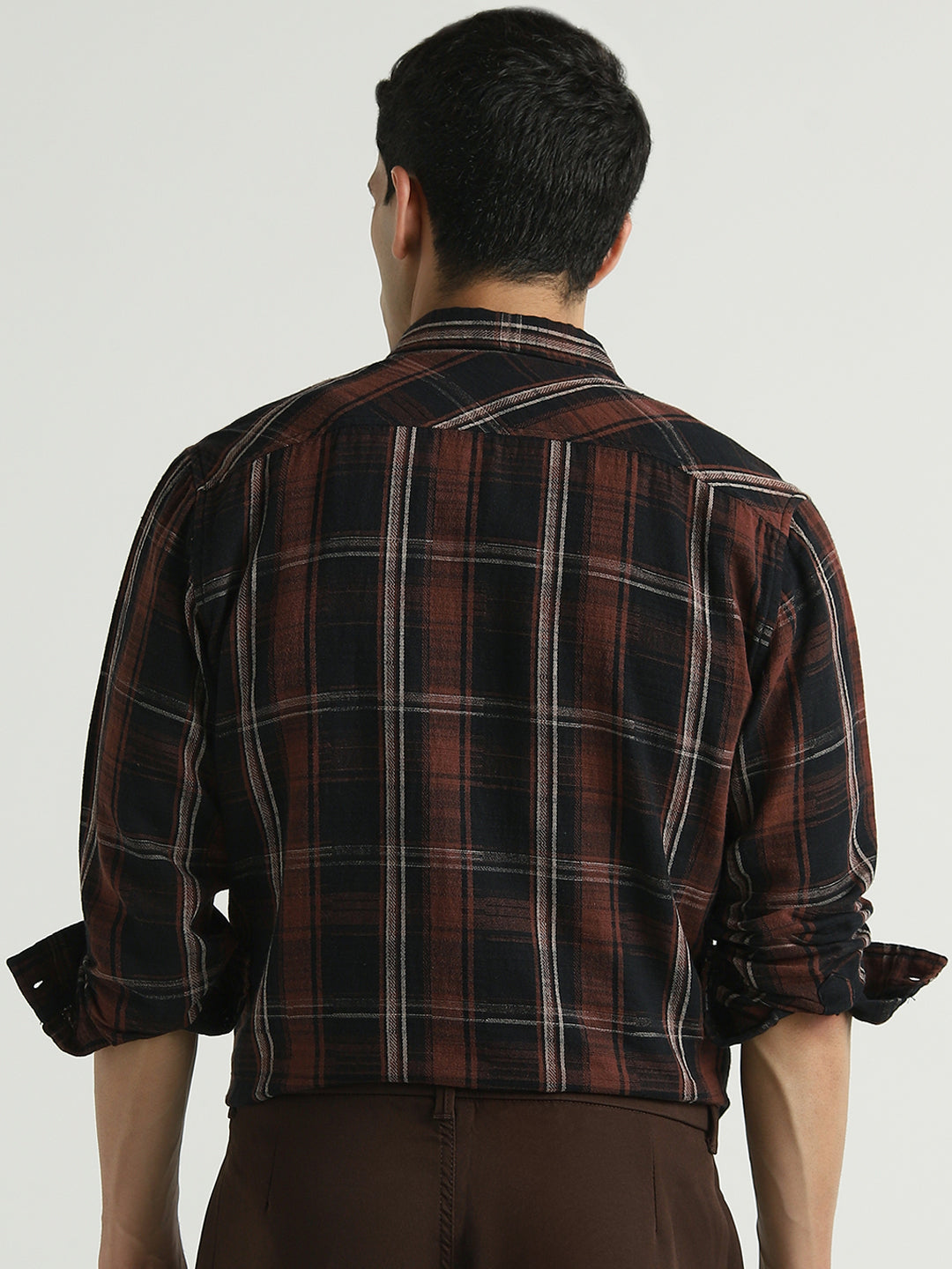 Men Rust Brown Double Pocket Checked Casual Shirt