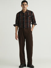 Men Rust Brown Double Pocket Checked Casual Shirt