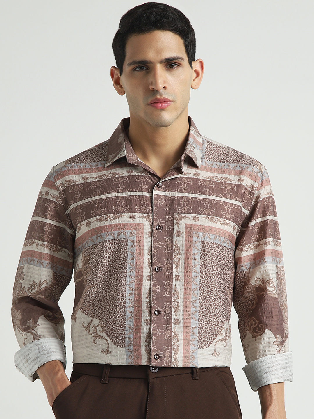 Men Brown Ornamental Print Shirt