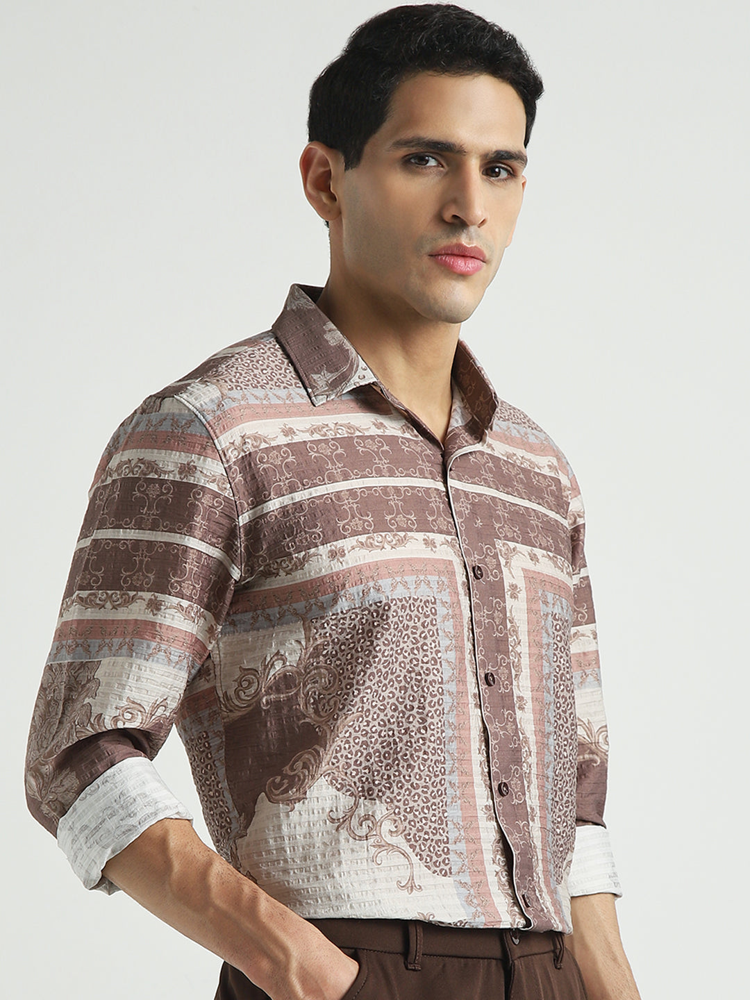 Men Brown Ornamental Print Shirt