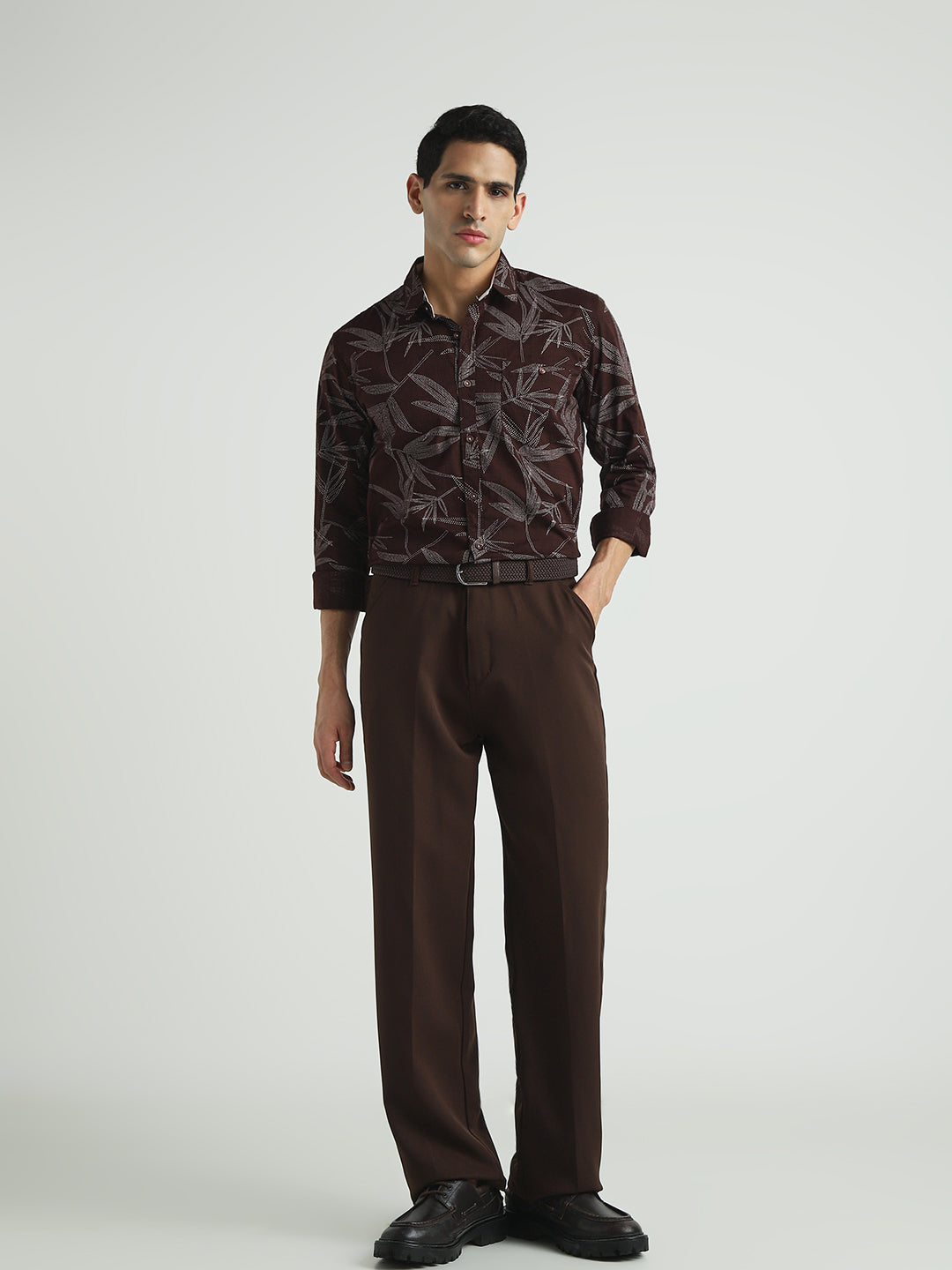 Men Dark Brown Tropical Print Casual Shirt