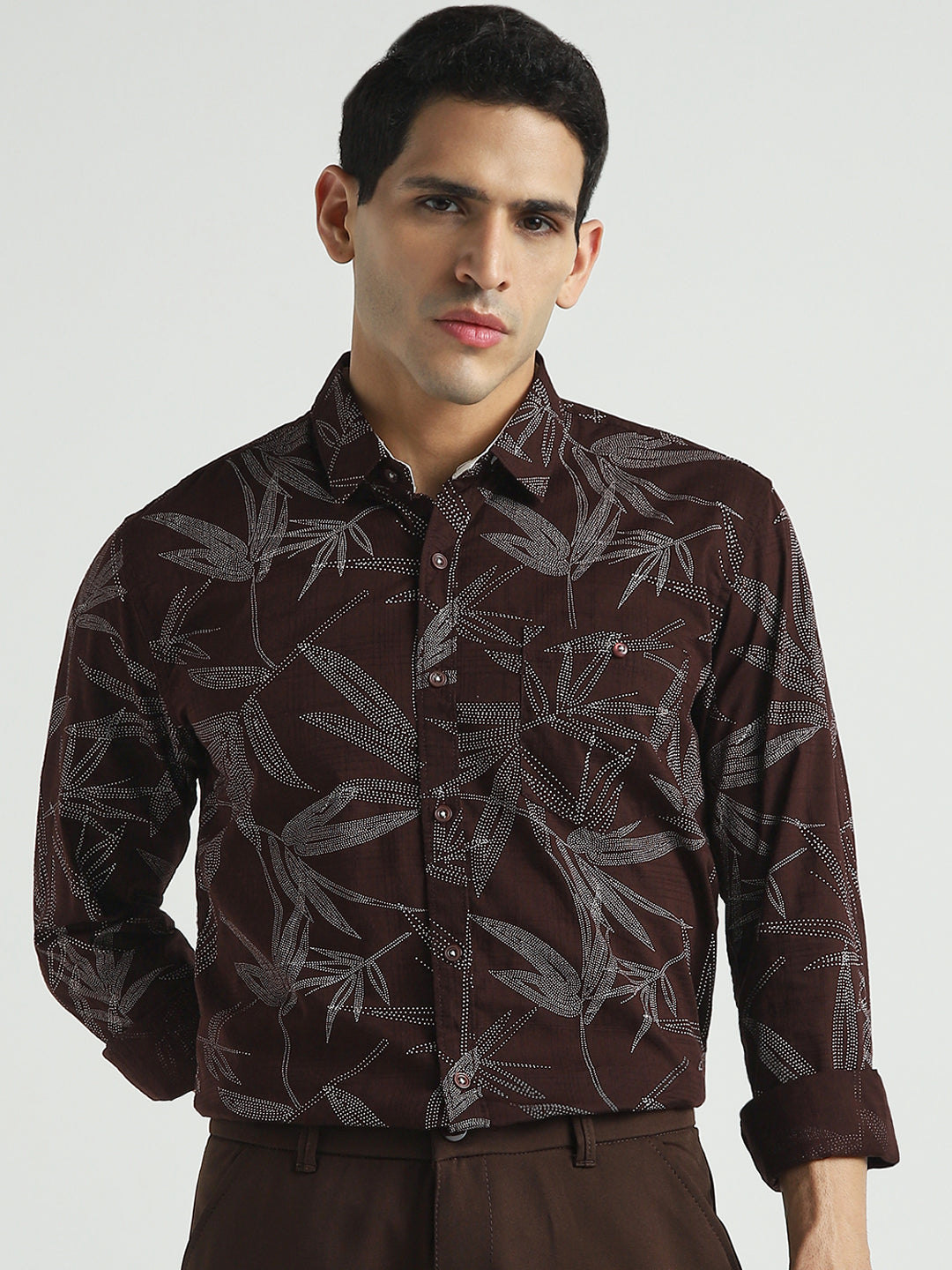 Men Dark Brown Tropical Print Casual Shirt