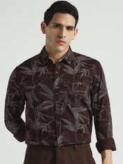Men Dark Brown Tropical Print Casual Shirt