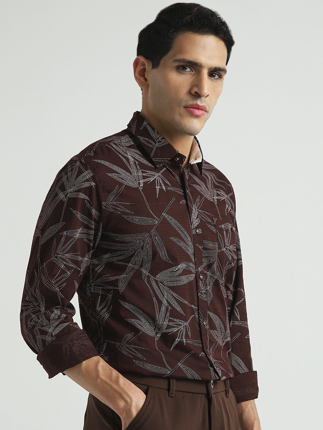 Men Dark Brown Tropical Print Casual Shirt