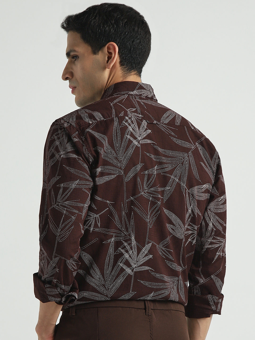 Men Dark Brown Tropical Print Casual Shirt