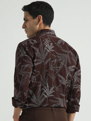 Men Dark Brown Tropical Print Casual Shirt