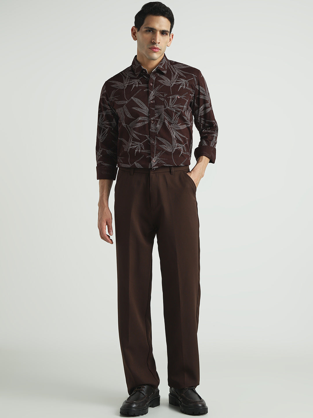 Men Dark Brown Tropical Print Casual Shirt