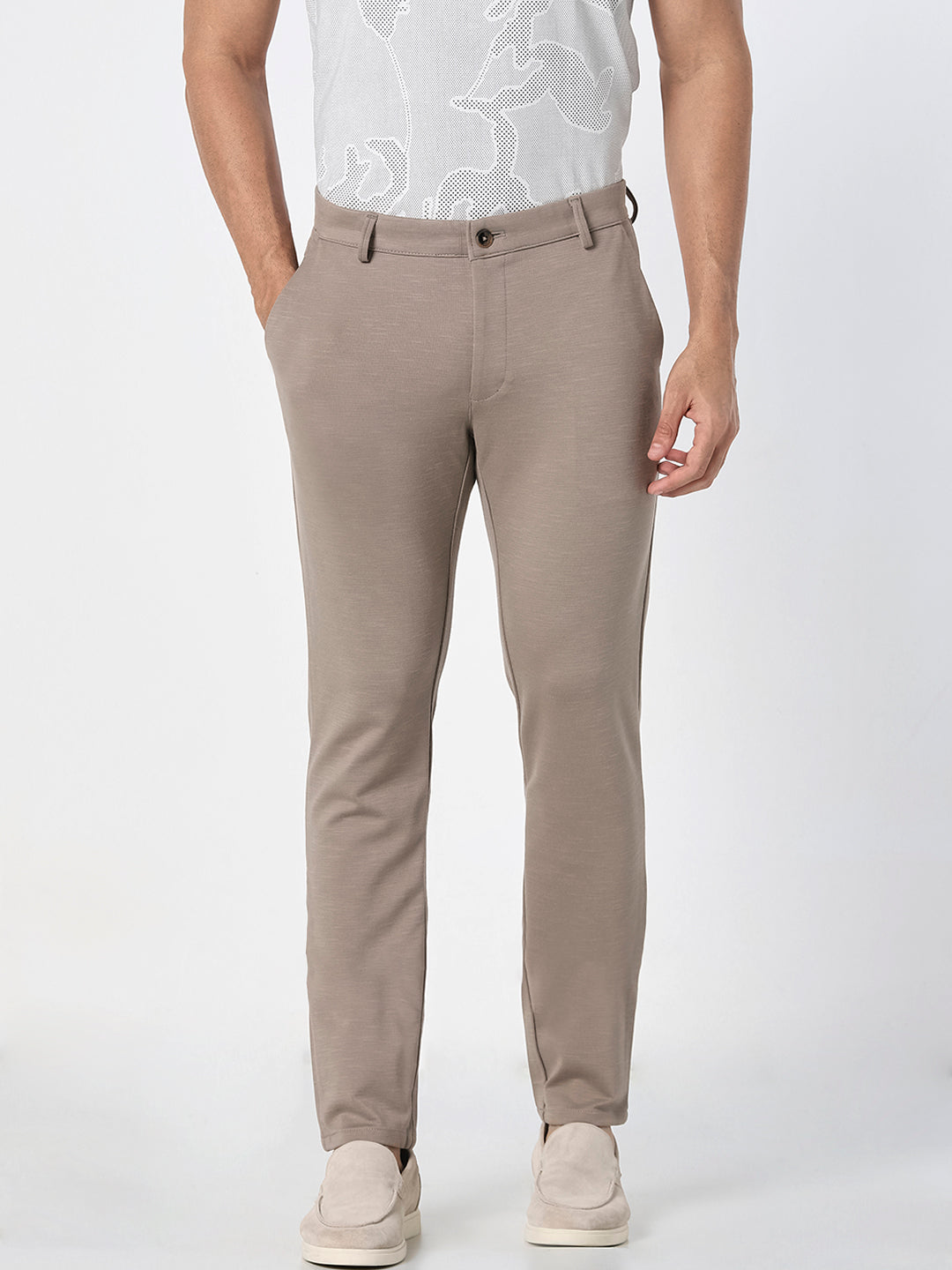 Men Beige Slim Fit Casual Trousers