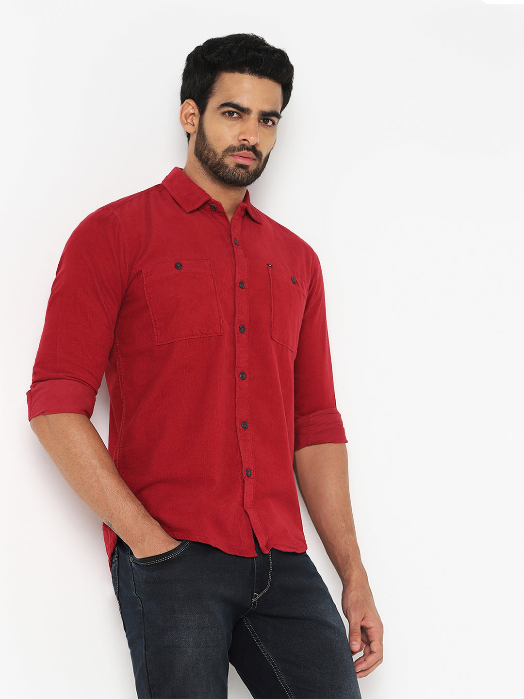 Red Solid Corduroy Shirt