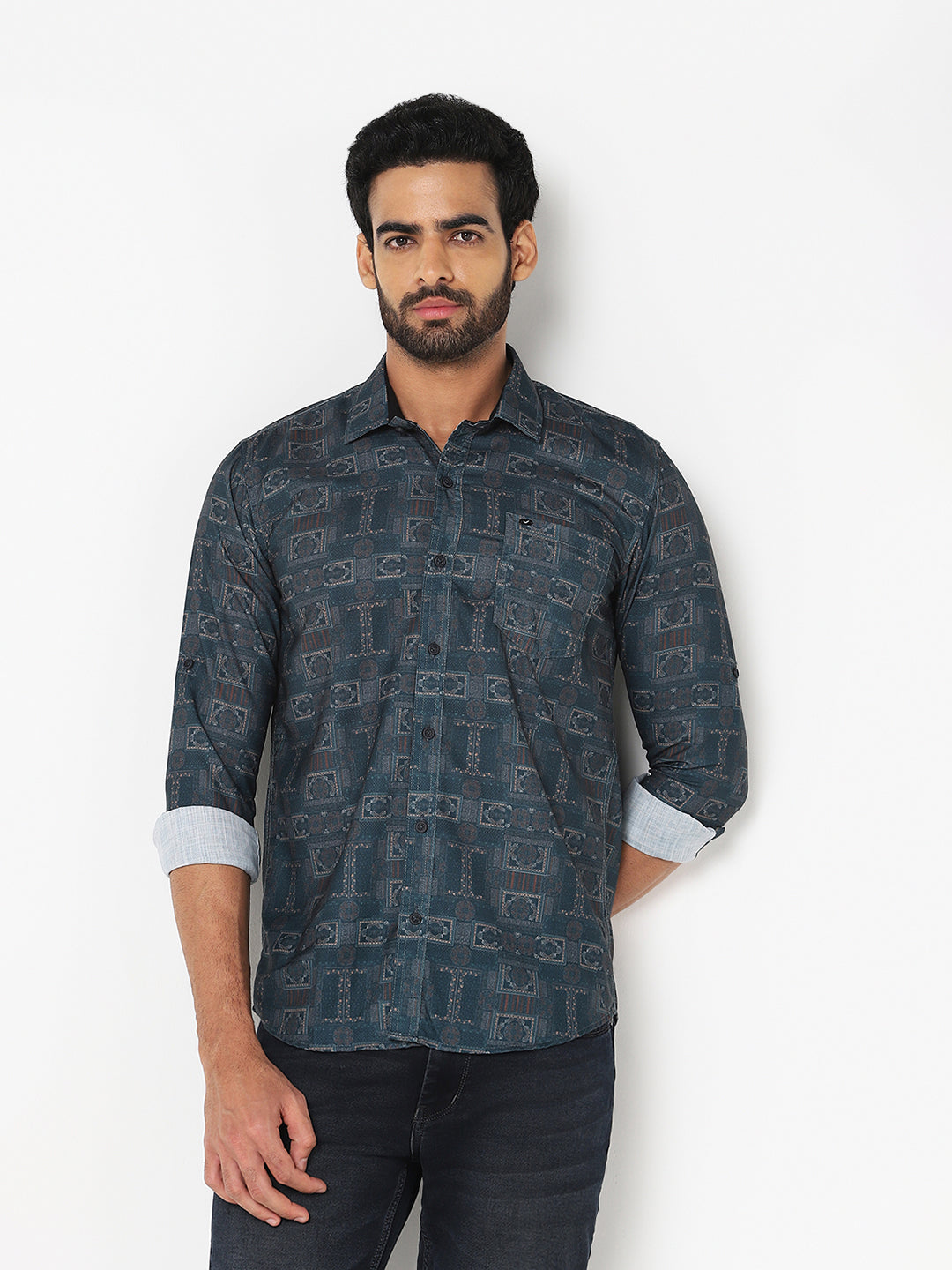 Teal Geometric Printed Casual Shirt