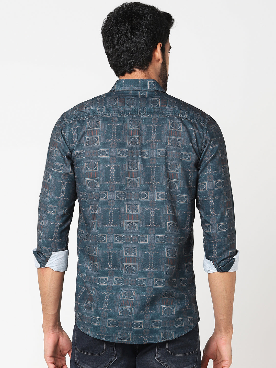 Teal Geometric Printed Casual Shirt