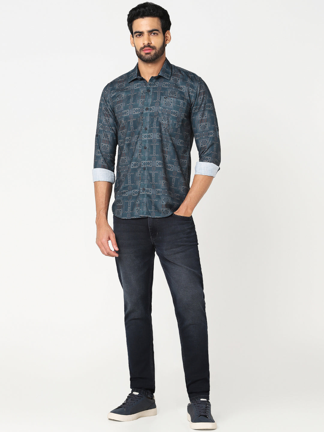 Teal Geometric Printed Casual Shirt