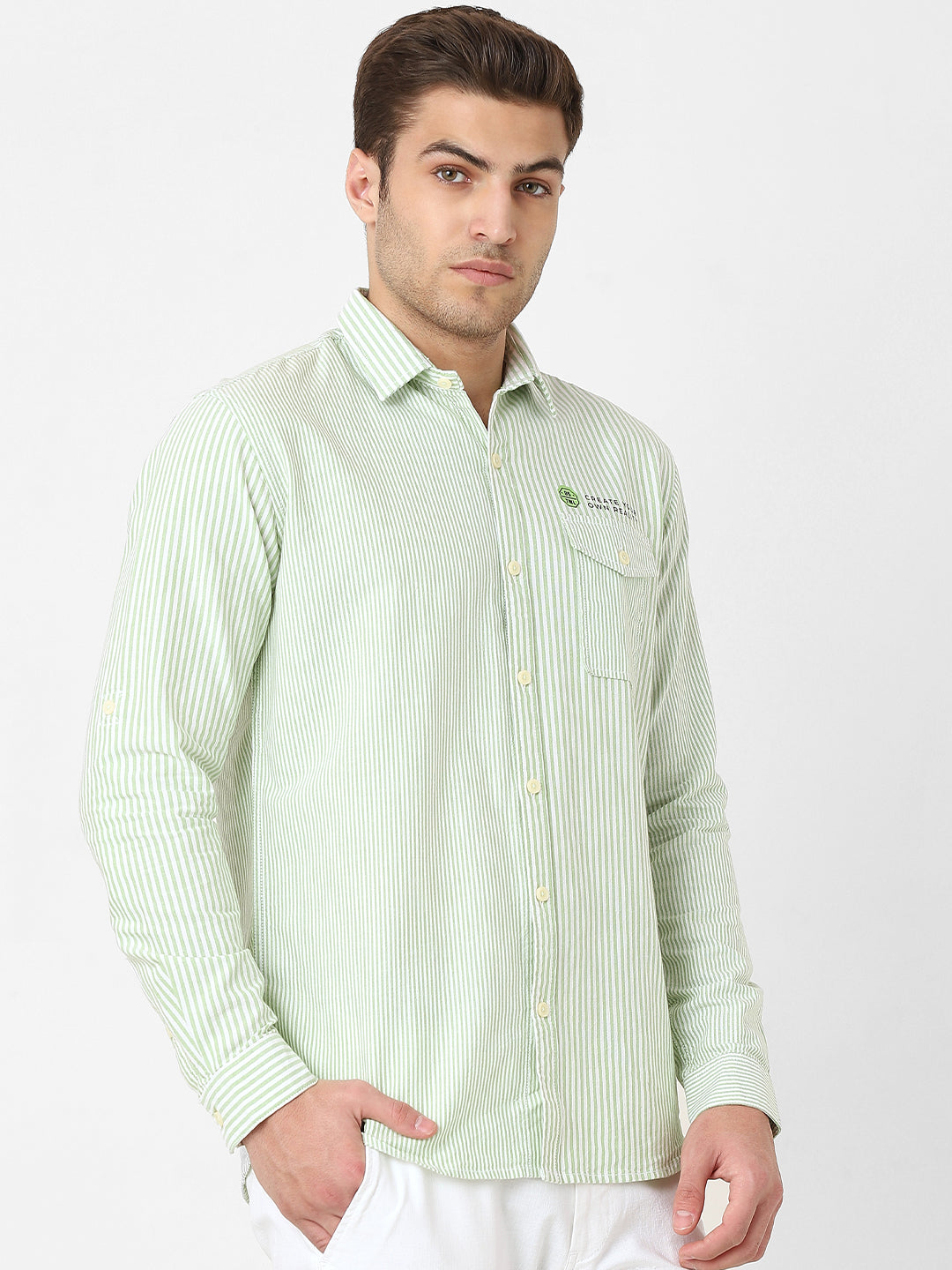 Mens Light Green Striped Casual Shirt