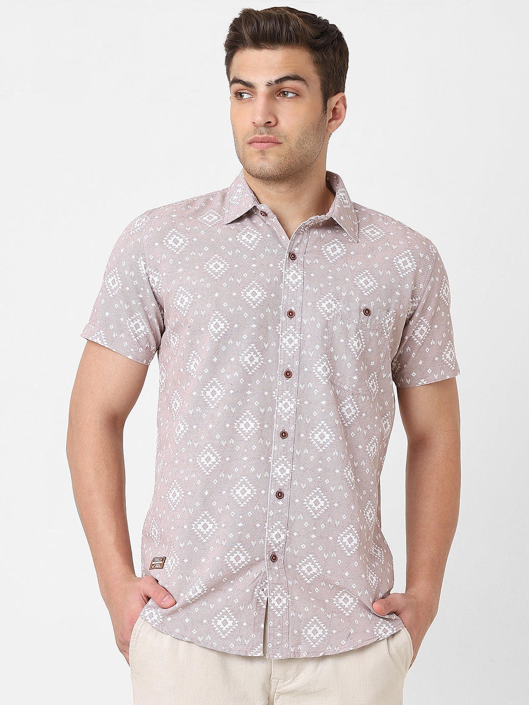 Mens Light Brown Printed Short Sleeve Shirt