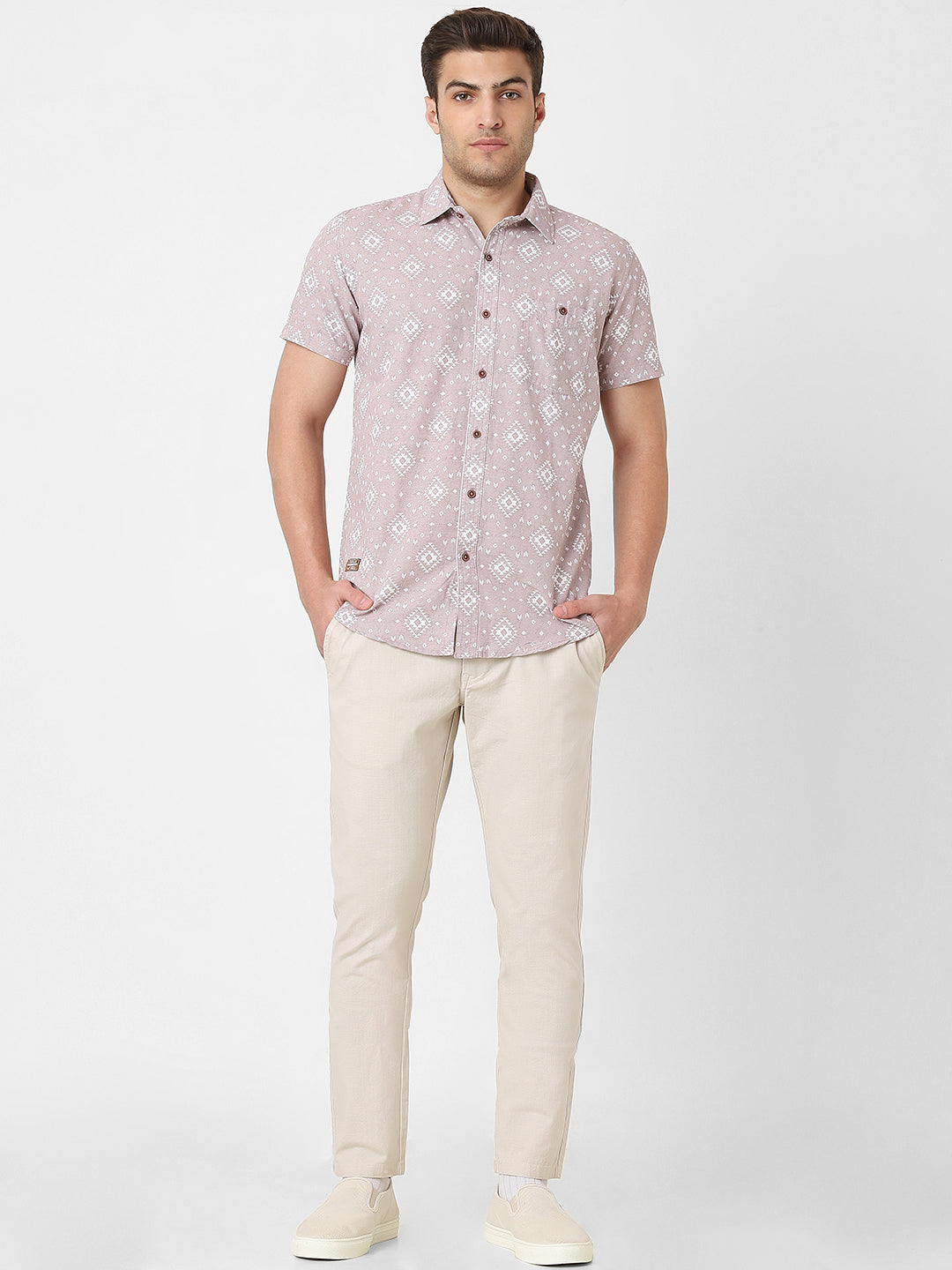 Mens Light Brown Printed Short Sleeve Shirt
