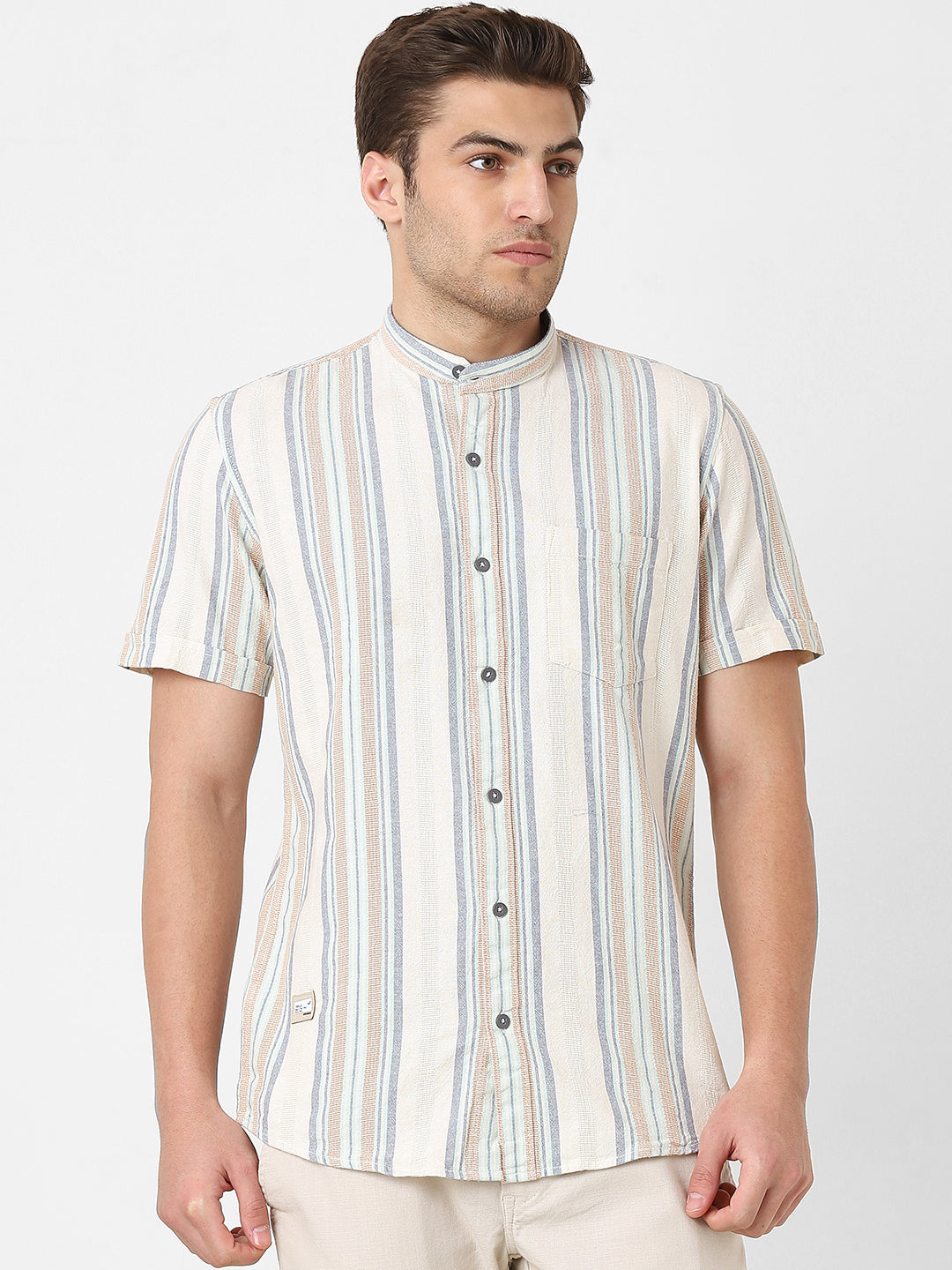 Mens Beige Srtipe Band Collar Shirt