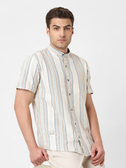 Mens Beige Srtipe Band Collar Shirt