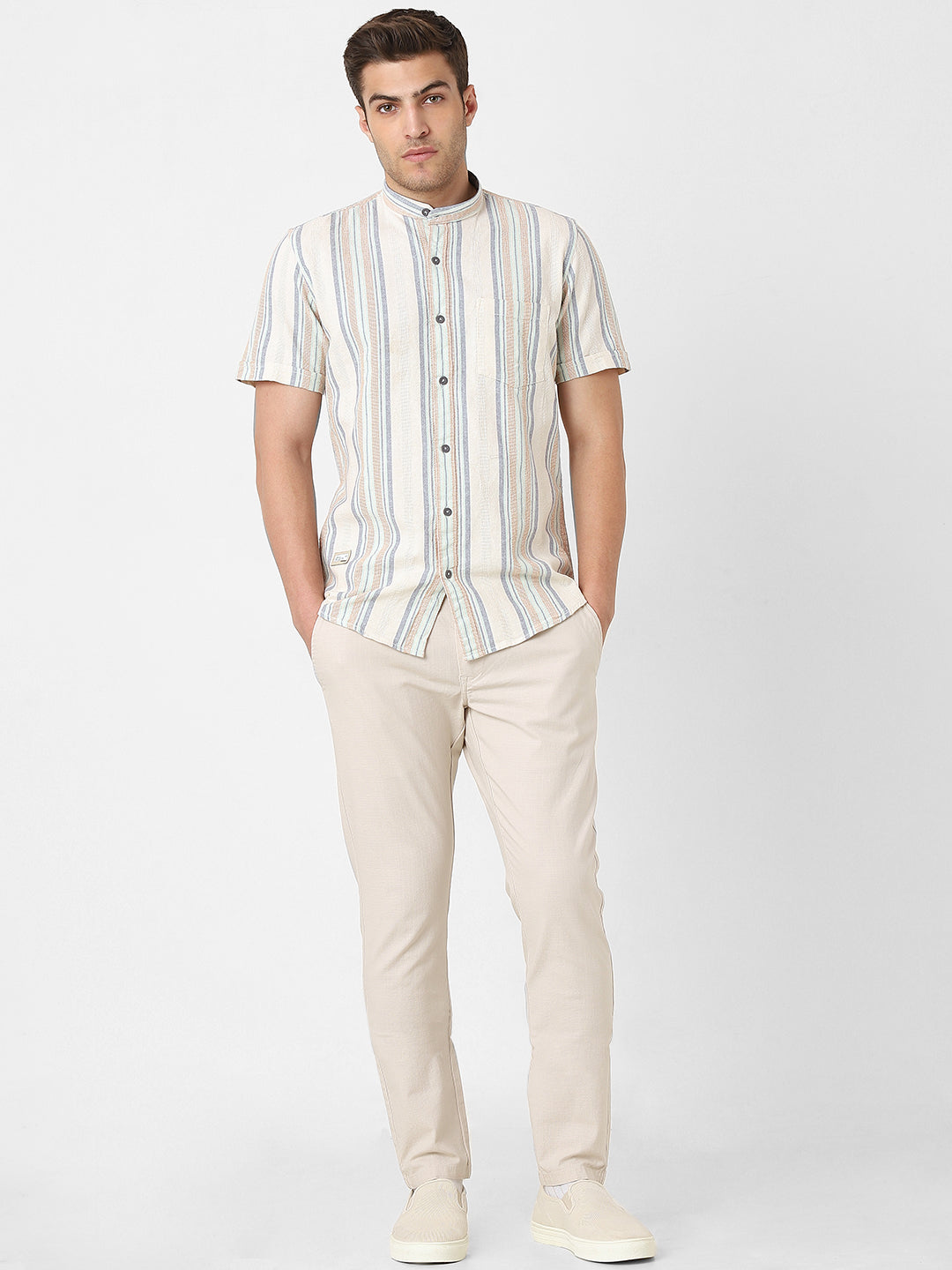 Mens Beige Srtipe Band Collar Shirt