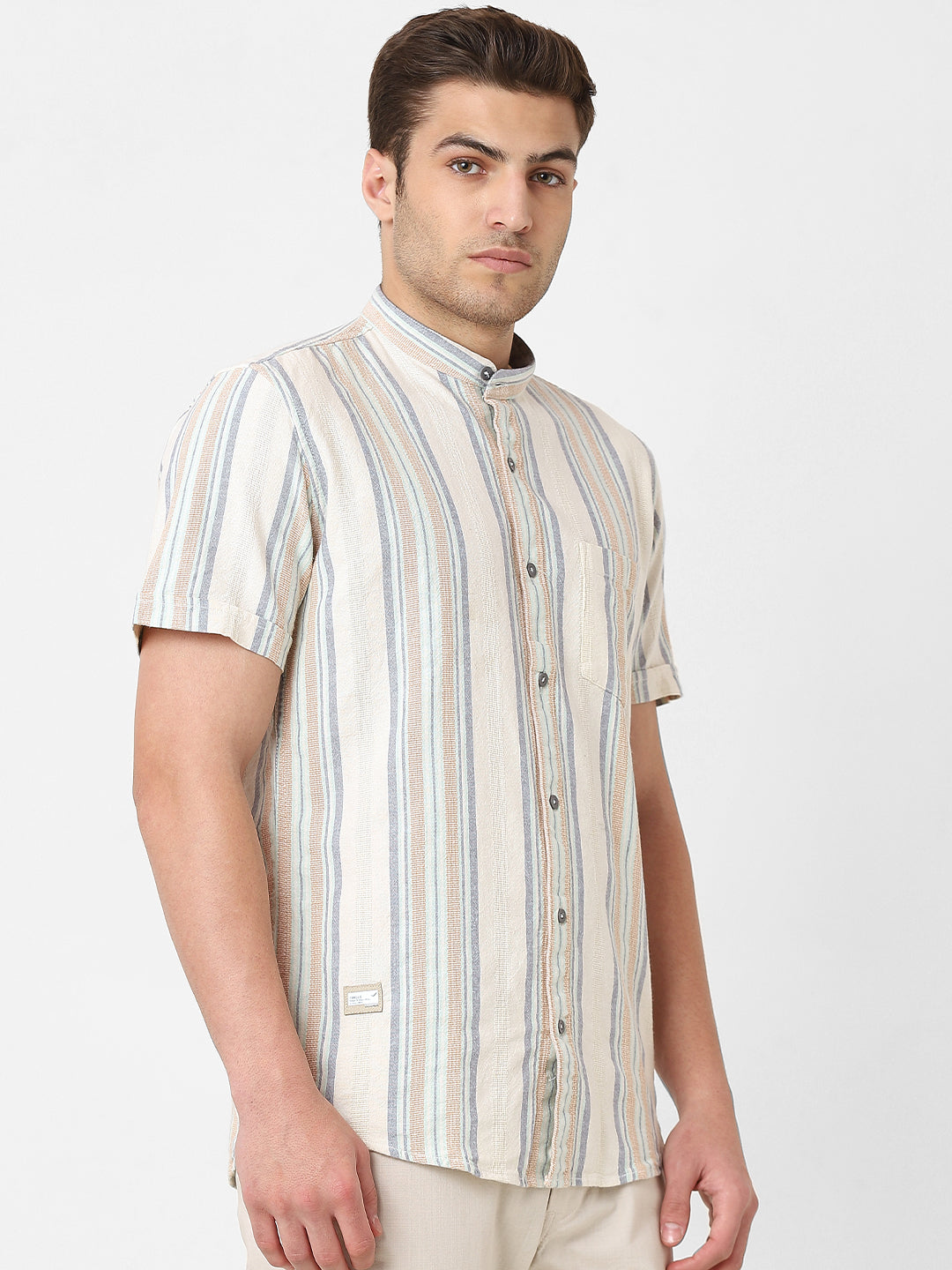 Mens Beige Srtipe Band Collar Shirt