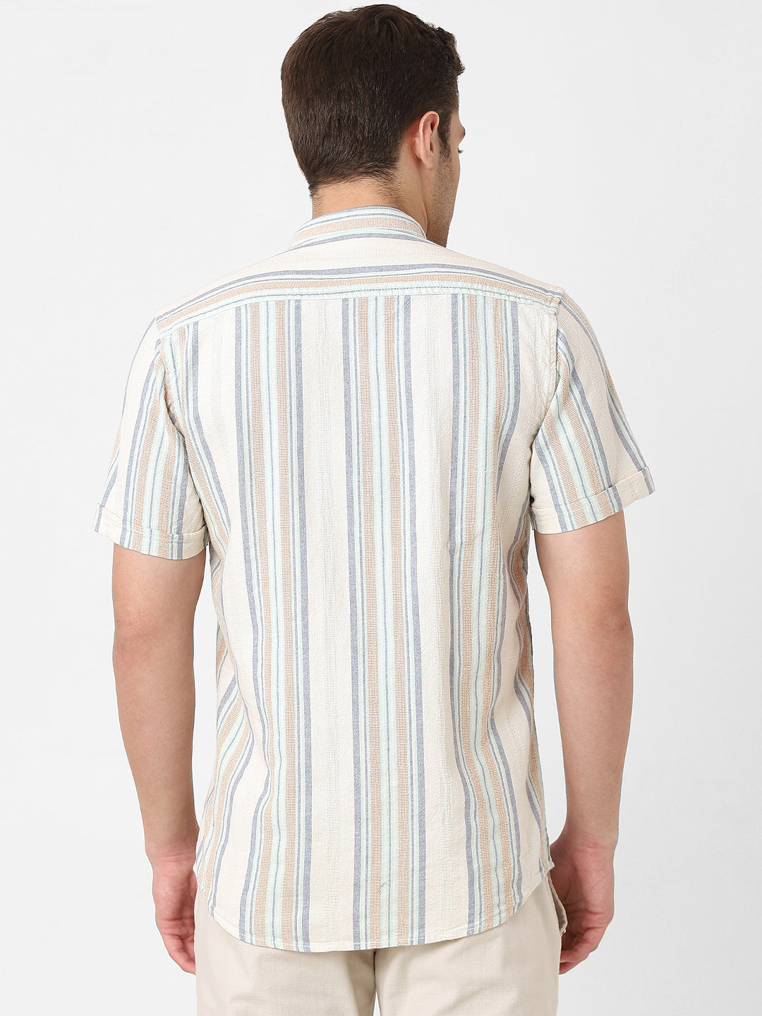 Mens Beige Srtipe Band Collar Shirt