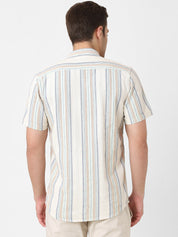 Mens Beige Srtipe Band Collar Shirt
