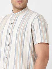 Mens Beige Srtipe Band Collar Shirt