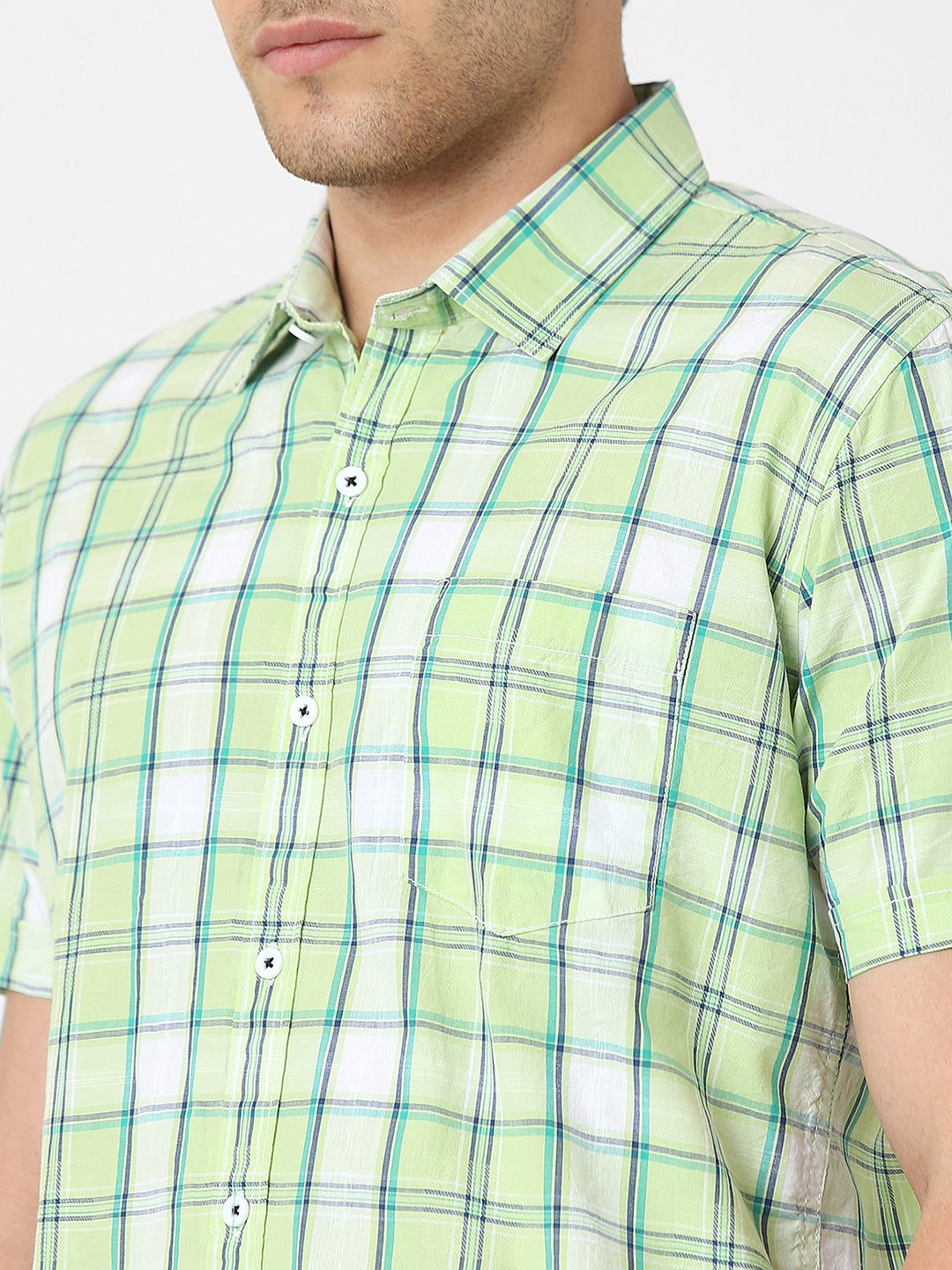 Mens Light Green Slub Checked Shirt