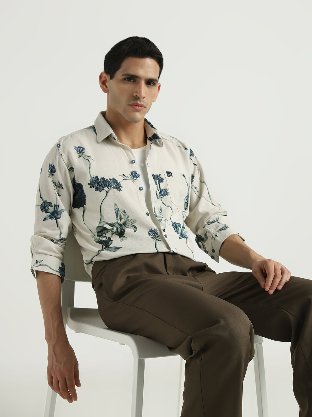 Beige Floral Printed Casual Shirt