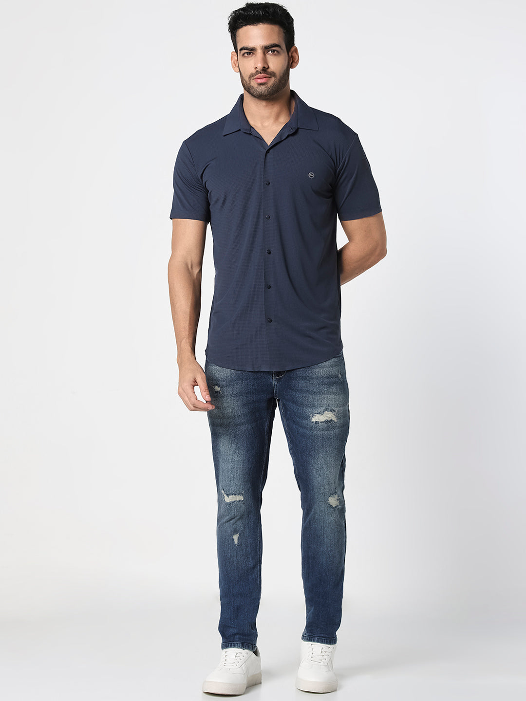 Navy Textured Casual Shirt