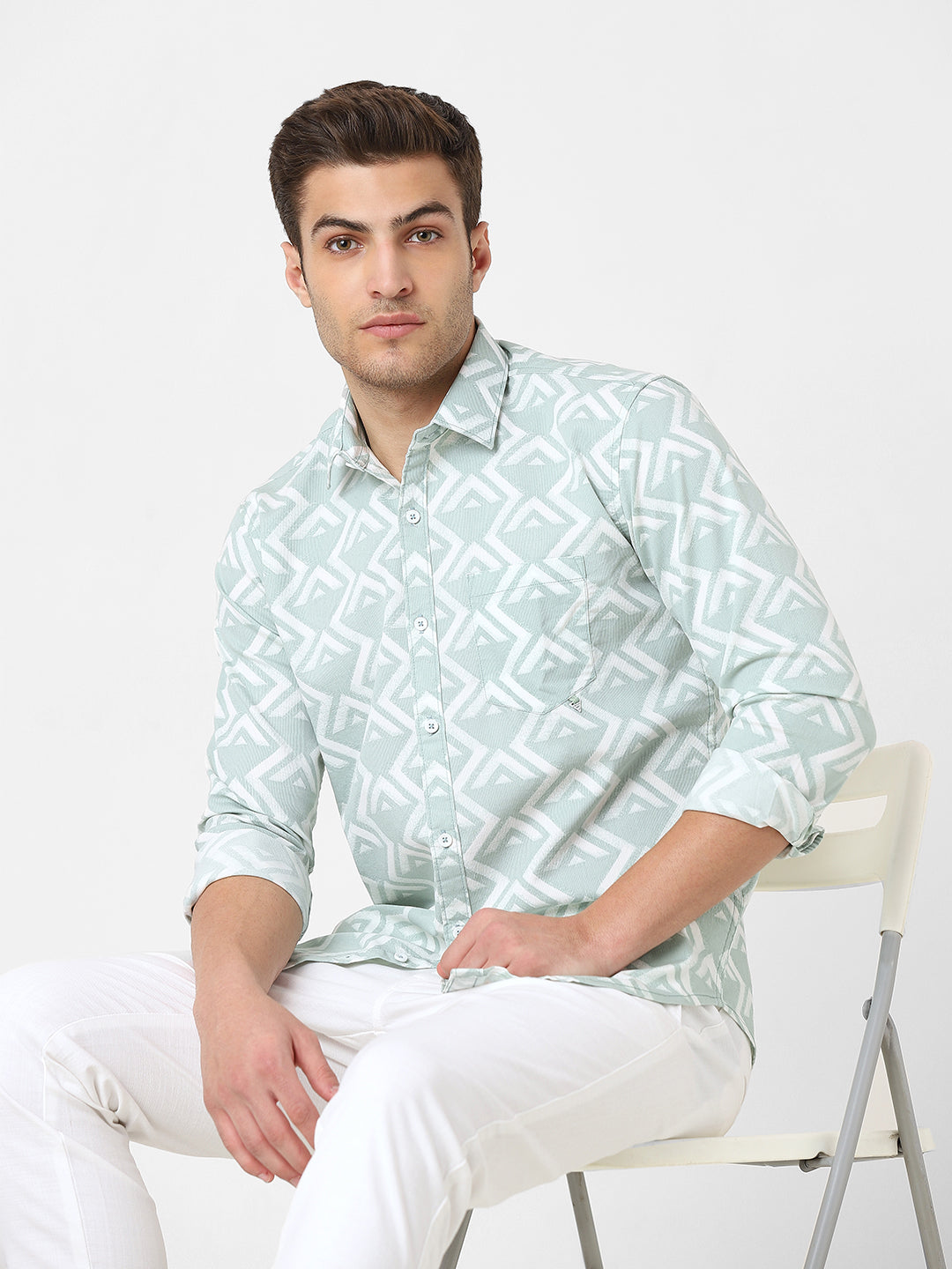 Mens Light Green Geometric Print Shirt
