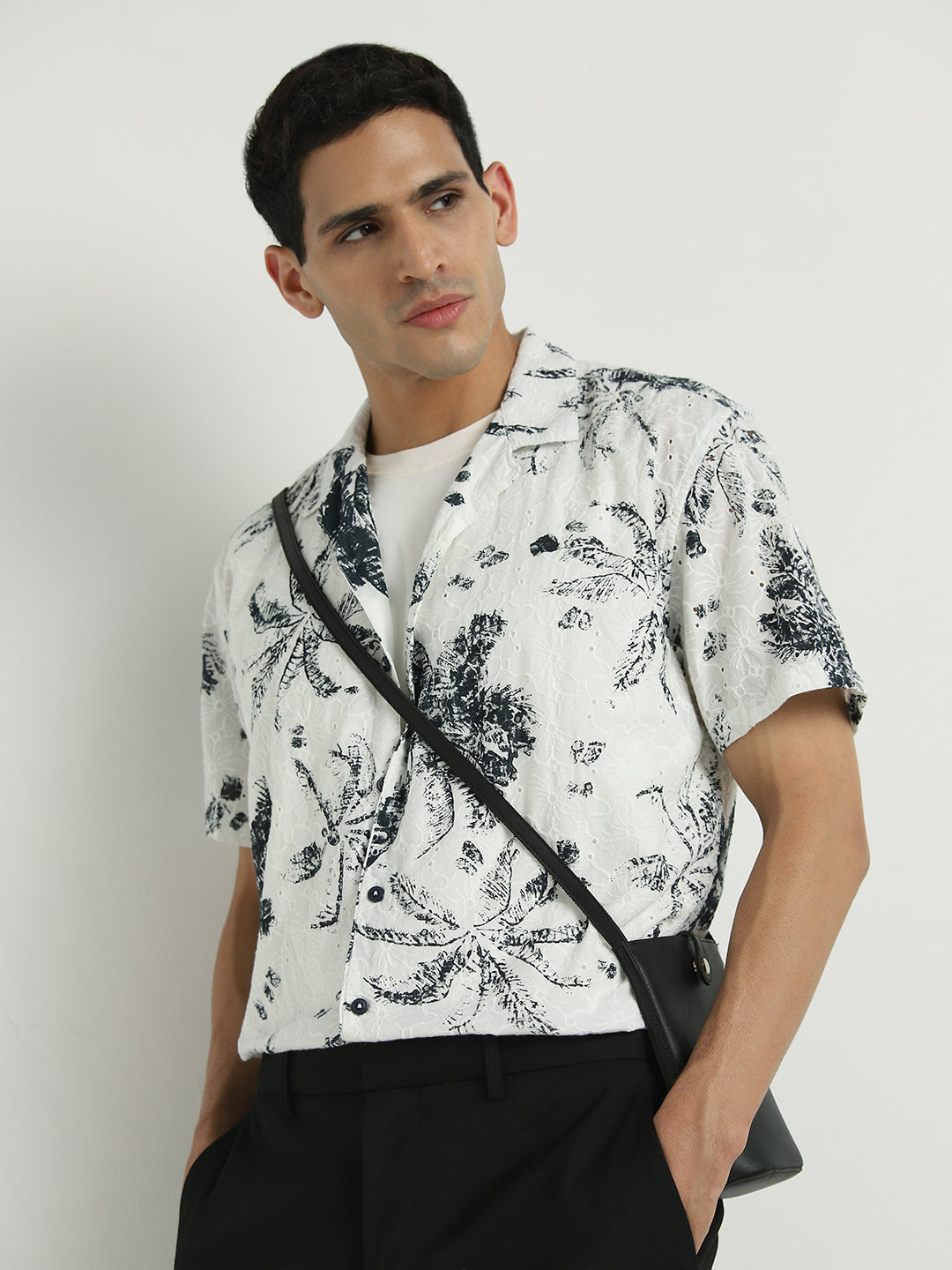 White & Black Floral Embroidered Short Sleeve Shirt