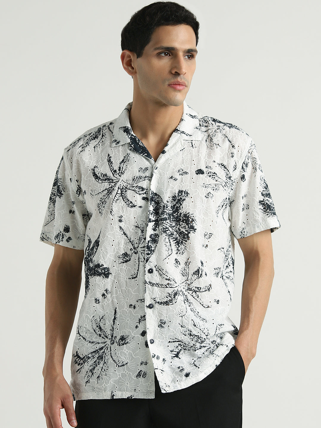 White & Black Floral Embroidered Short Sleeve Shirt