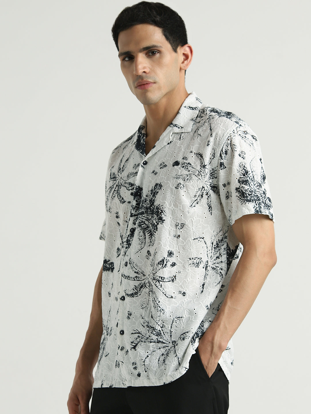 White & Black Floral Embroidered Short Sleeve Shirt
