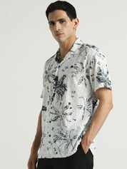 White & Black Floral Embroidered Short Sleeve Shirt