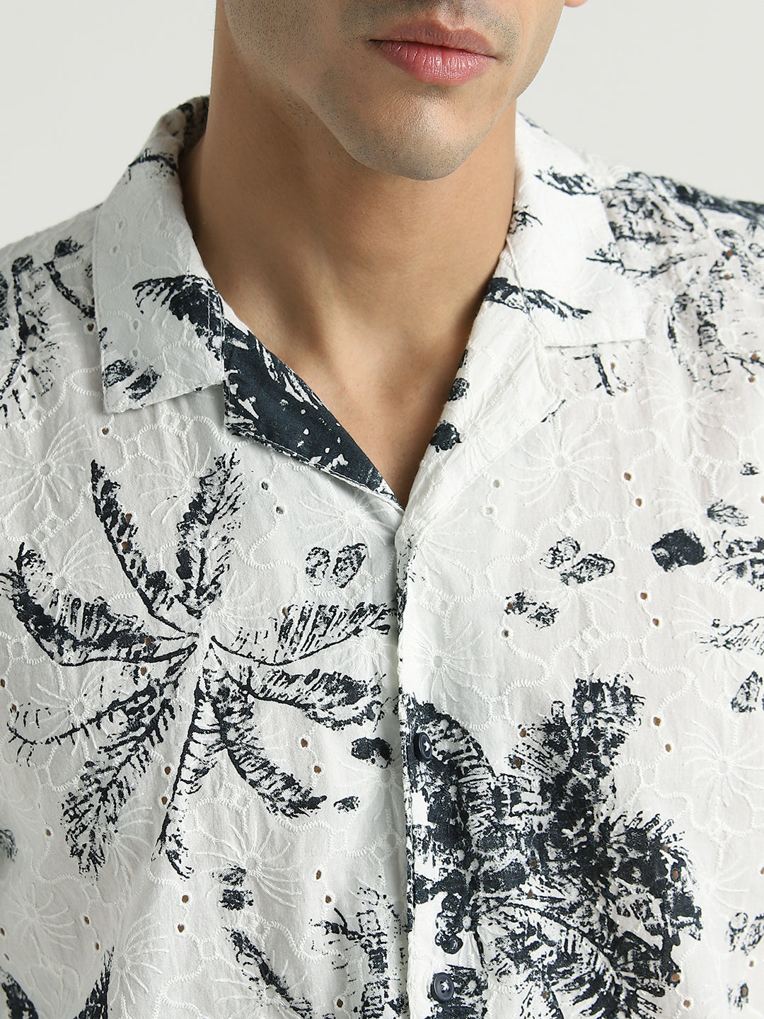 White & Black Floral Embroidered Short Sleeve Shirt