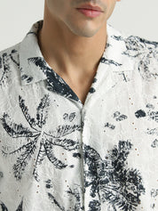 White & Black Floral Embroidered Short Sleeve Shirt