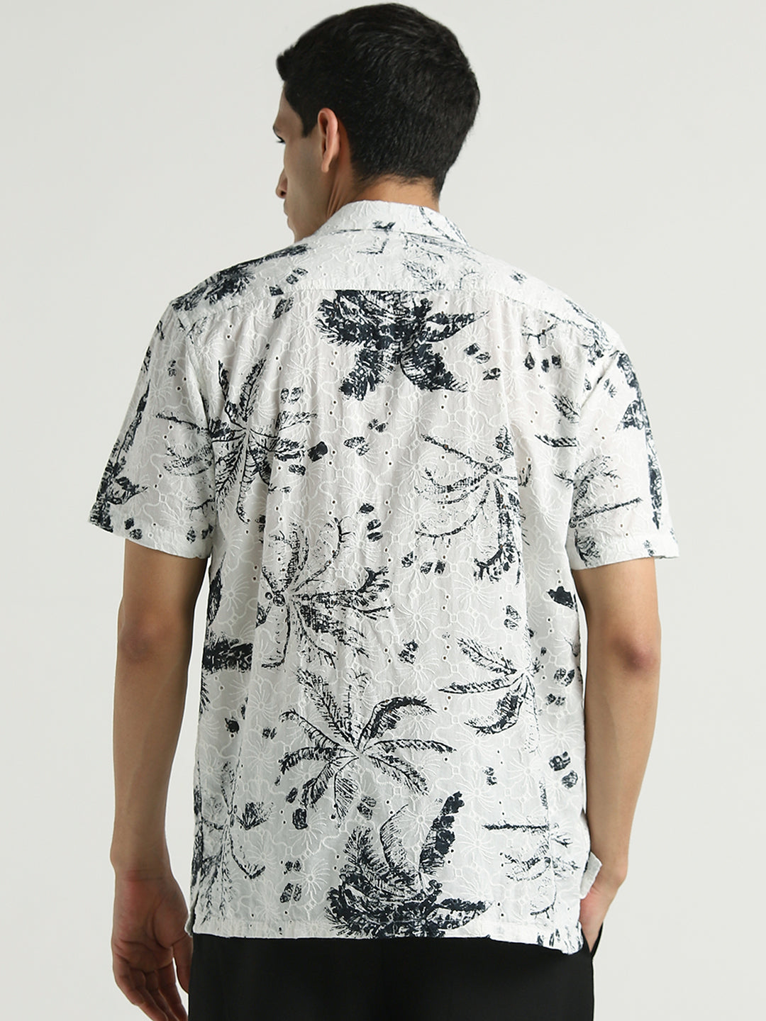 White & Black Floral Embroidered Short Sleeve Shirt