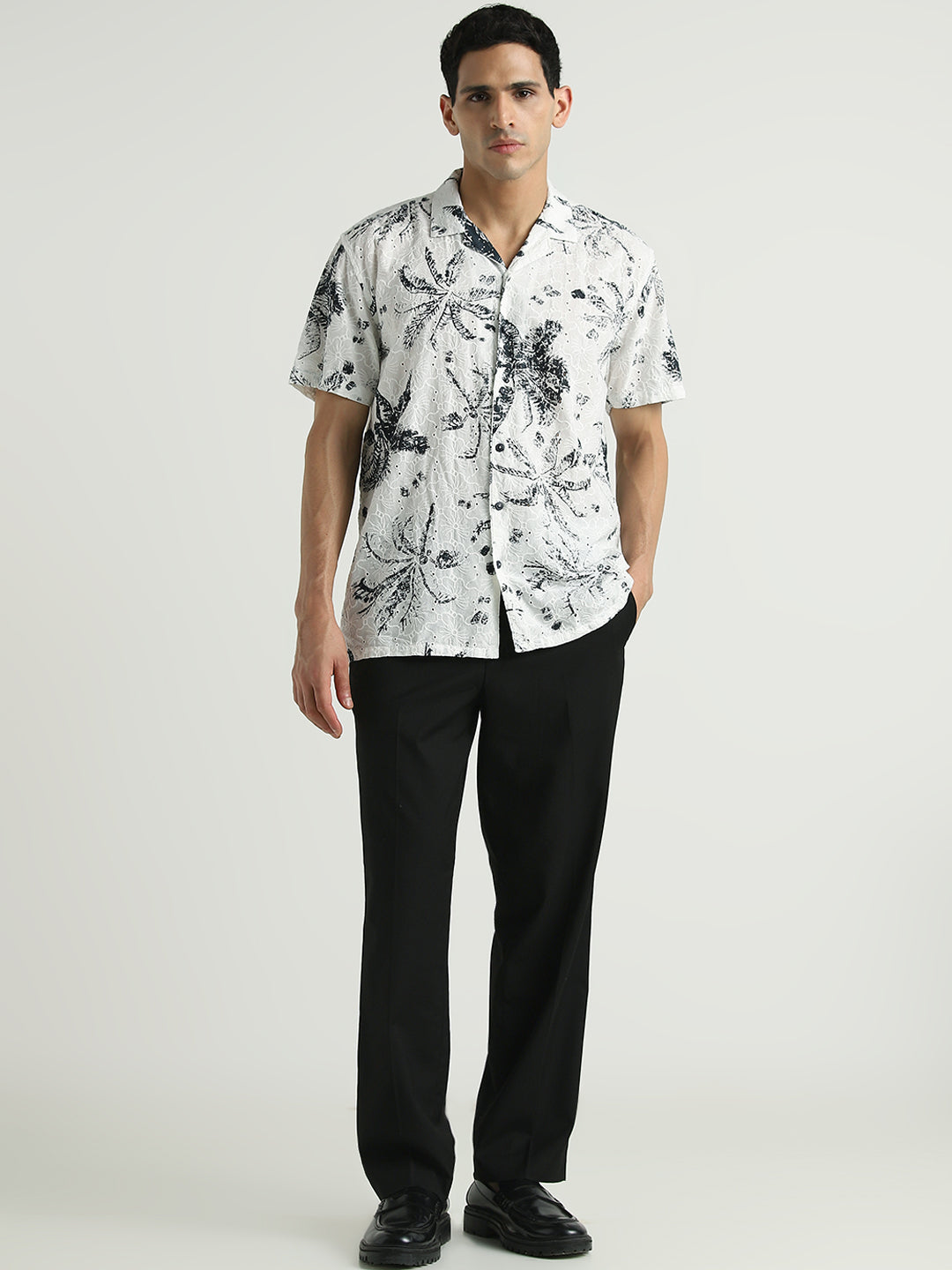 White & Black Floral Embroidered Short Sleeve Shirt