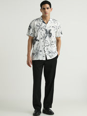 White & Black Floral Embroidered Short Sleeve Shirt