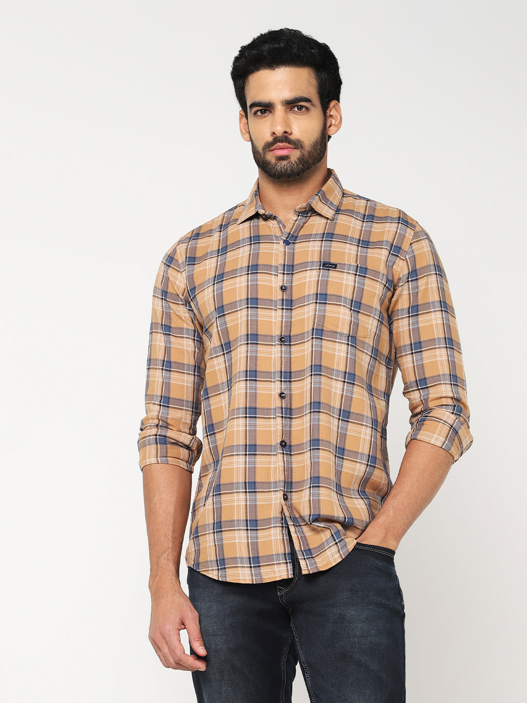 Beige & Navy Checked Casual Shirt