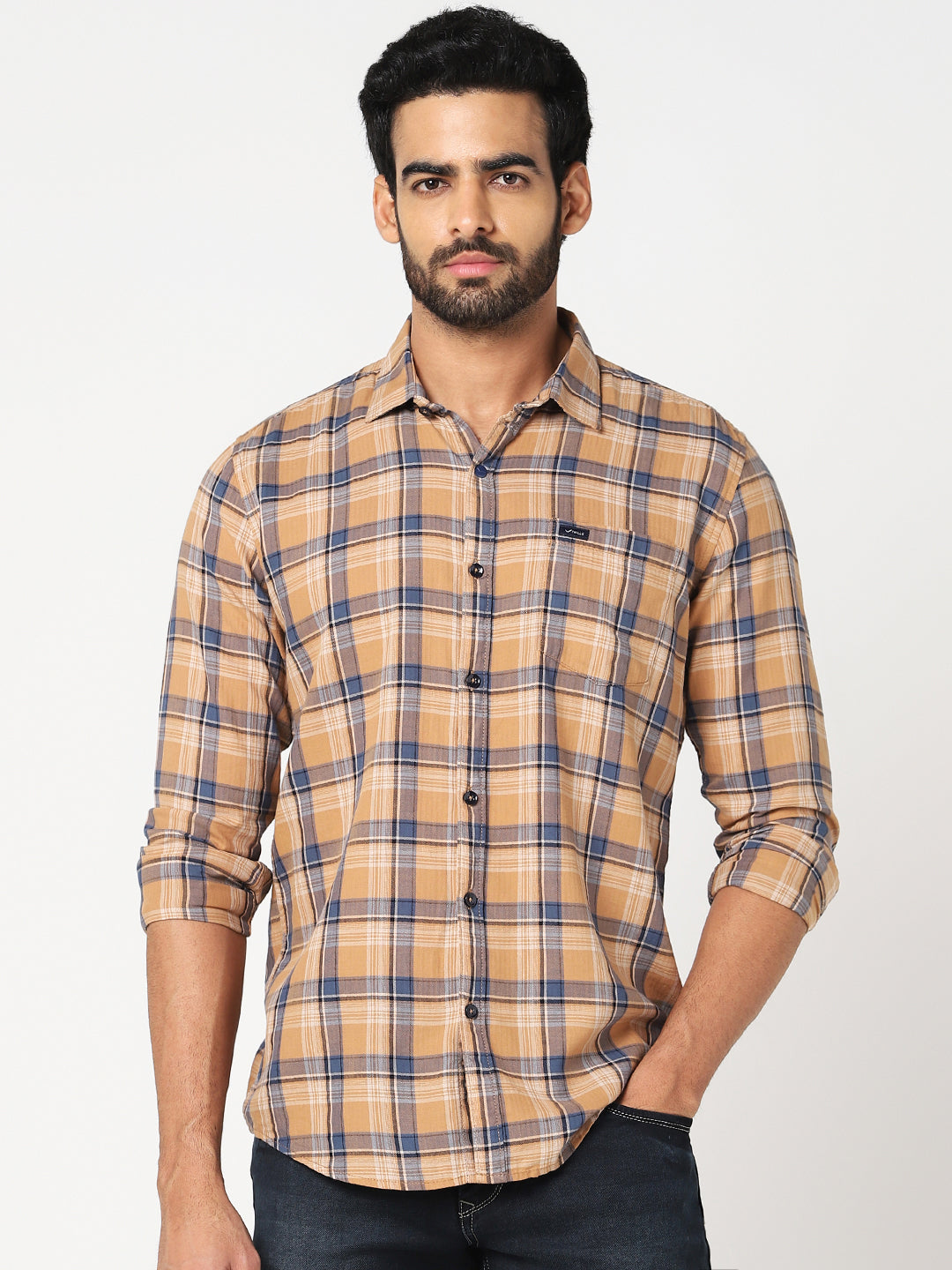 Beige & Navy Checked Casual Shirt