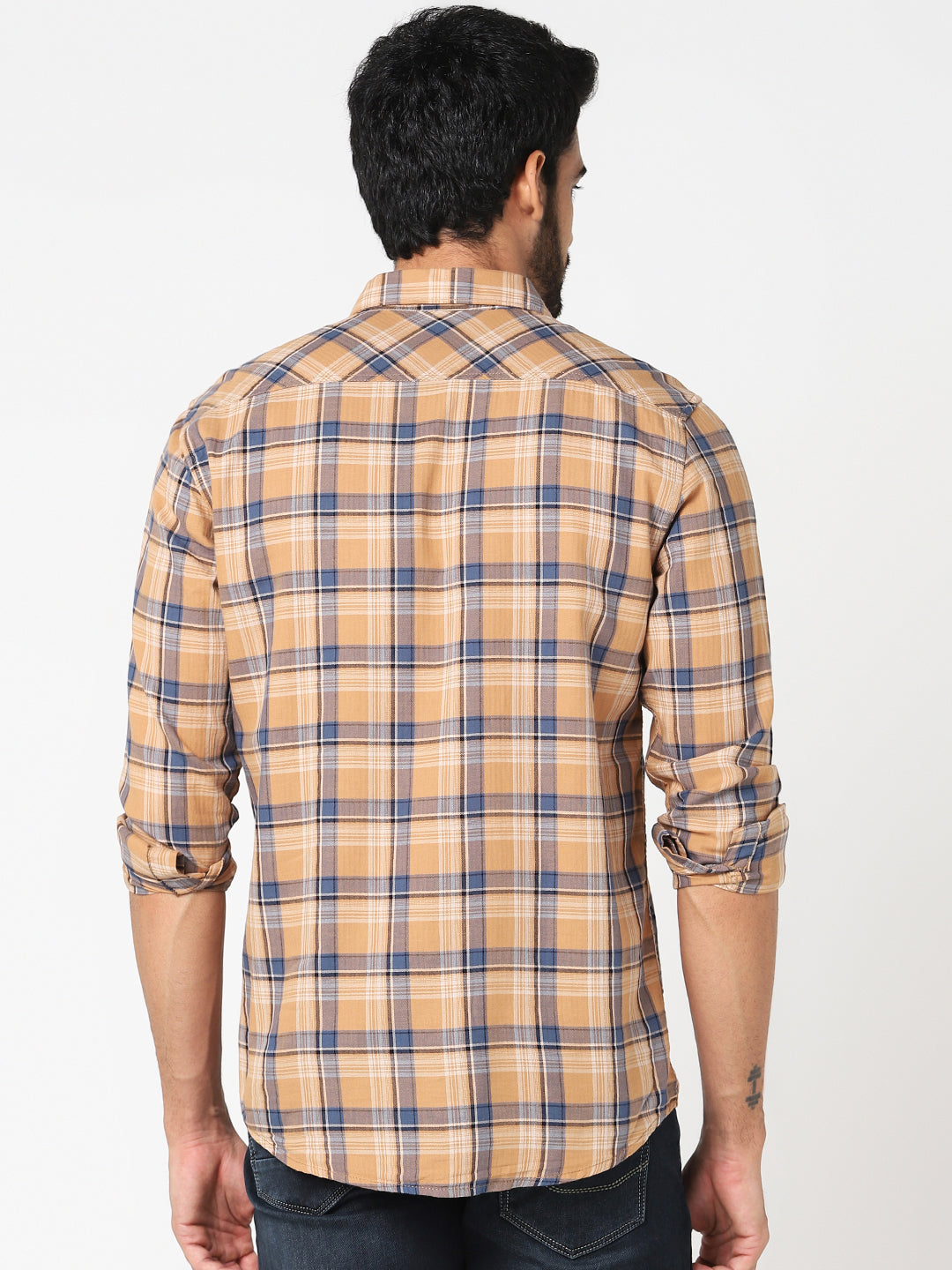 Beige & Navy Checked Casual Shirt