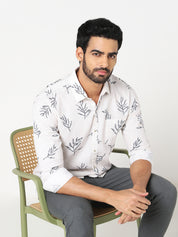 White Leaf Print Casual Shirt