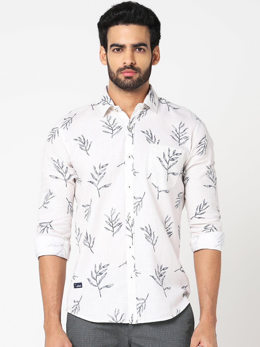 White Leaf Print Casual Shirt