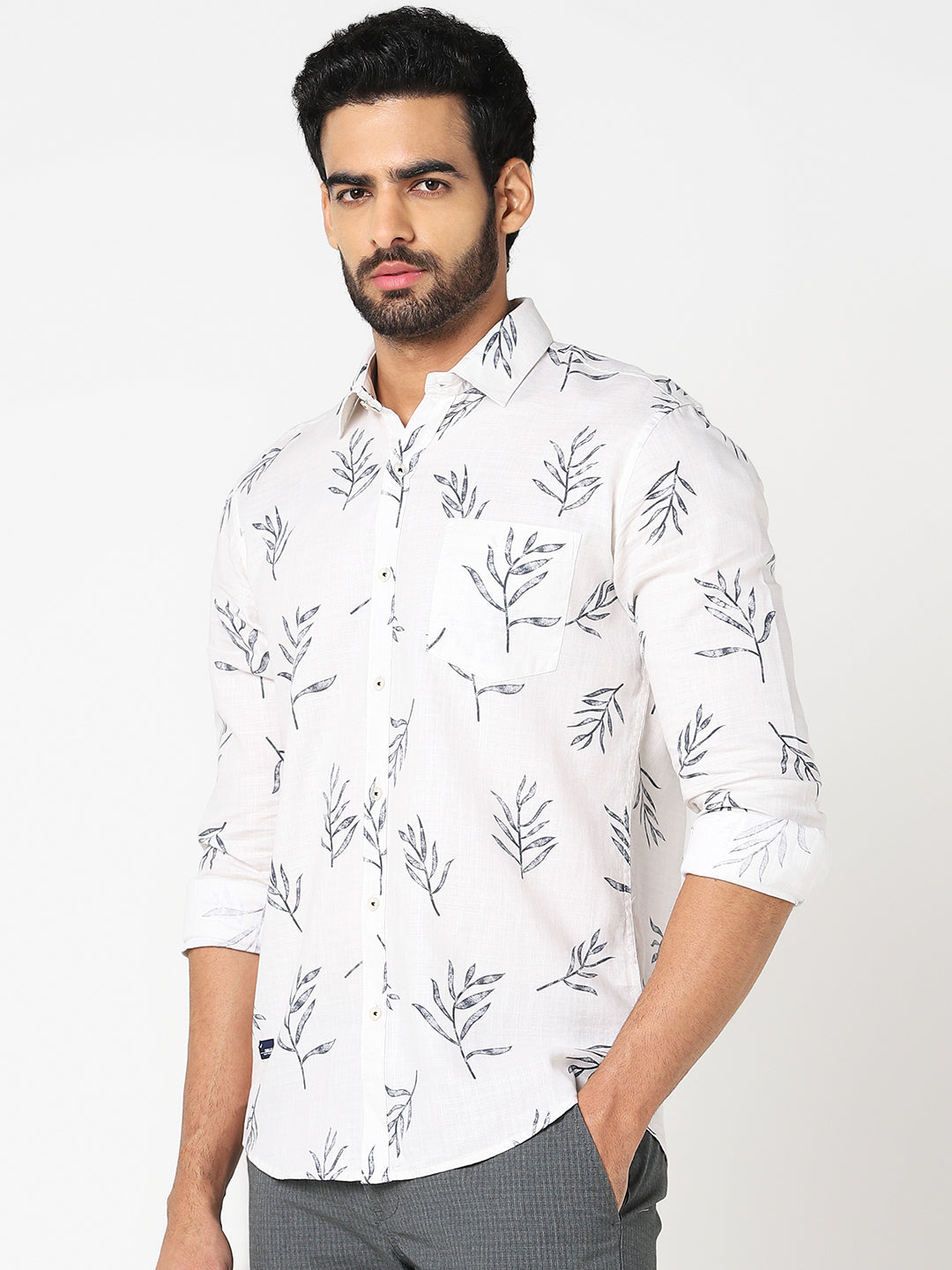 White Leaf Print Casual Shirt