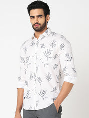 White Leaf Print Casual Shirt