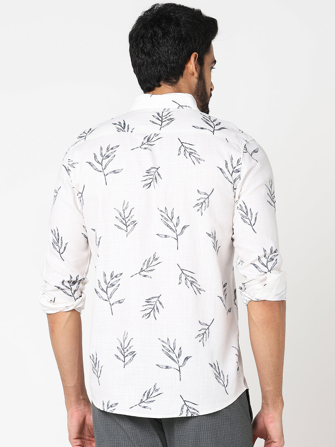 White Leaf Print Casual Shirt